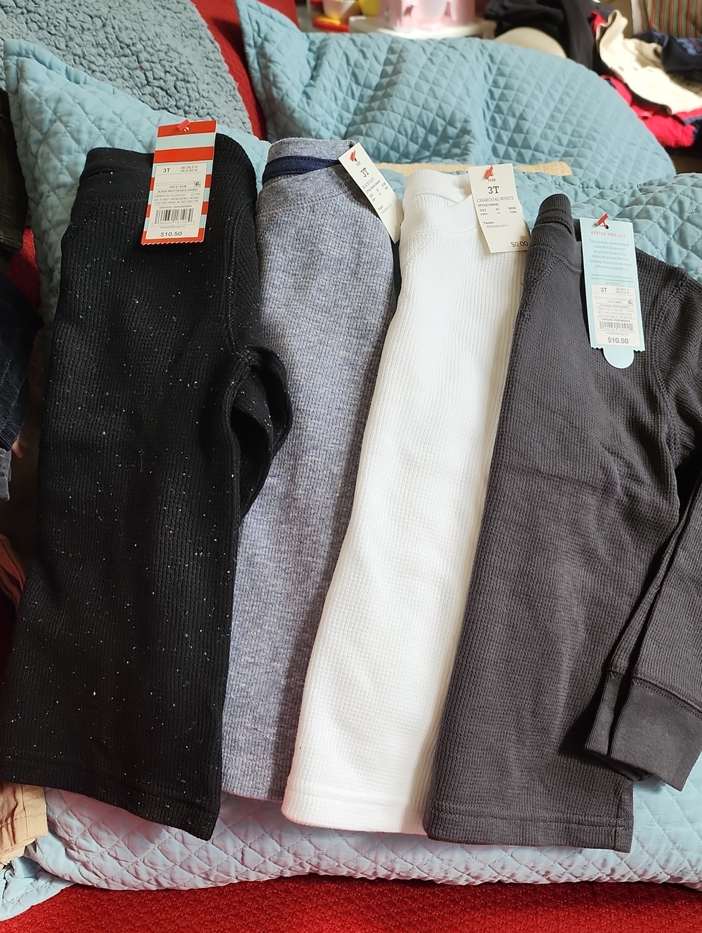 Nwt 3T Kids Thermal Long Sleeve Tops 4-Pack — Black, Blue, White, Charcoal Gray